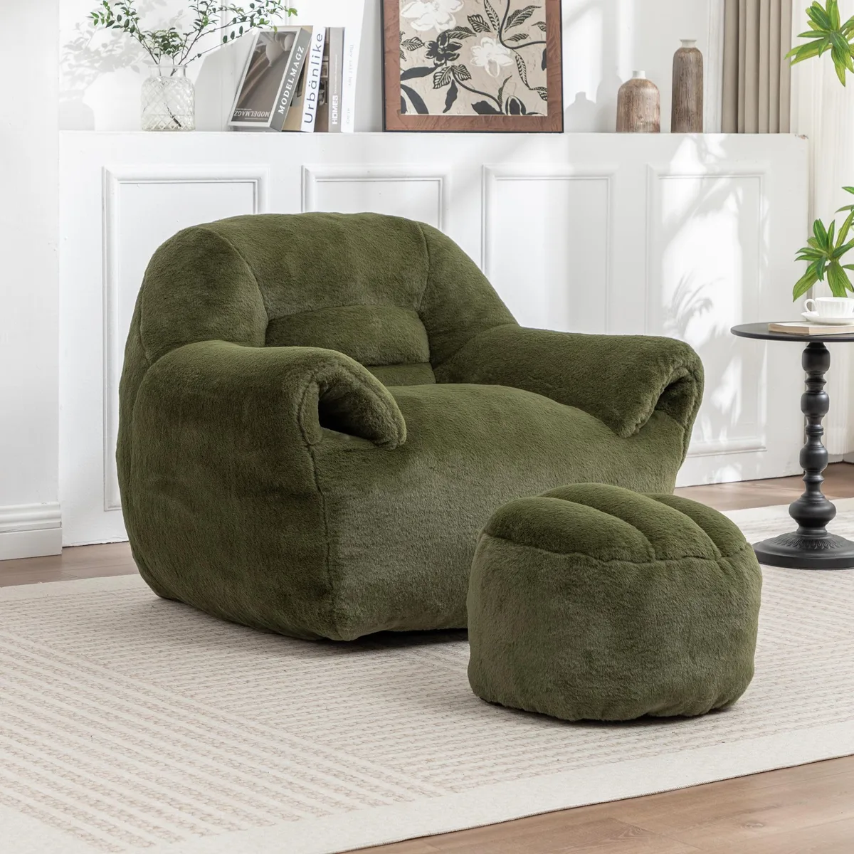Green faux-fur bean bag sofa with matching footstool, pre-filled with shredded foam