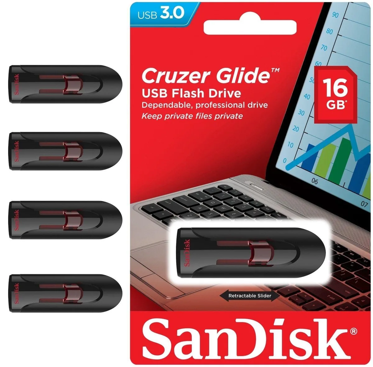SanDisk SanDisk Cruzer Glide 3.0 16 GB USB 3.0 flash drive (lot of 4) — product photo