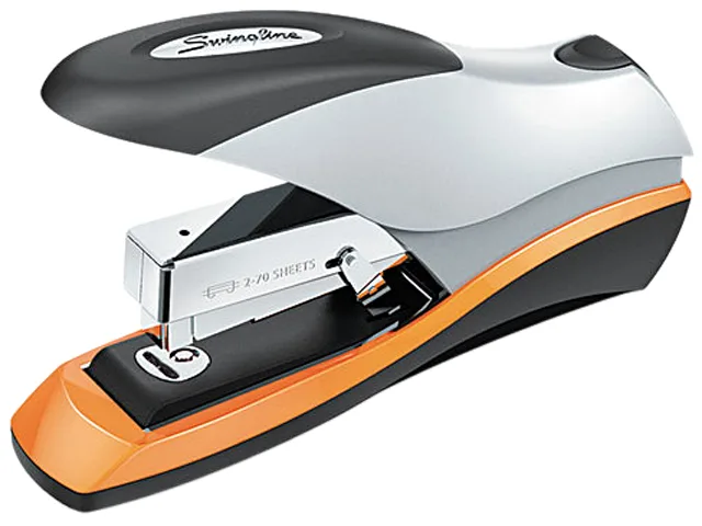 Silver desktop stapler with orange and black accents, compact metal body