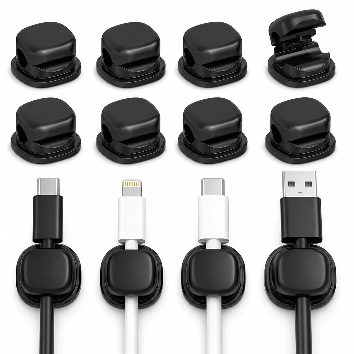 Black magnetic cord clips with self-adhesive backing