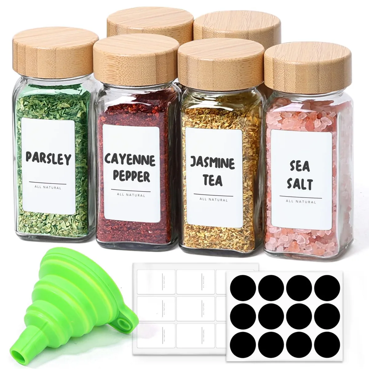 Six clear square glass jars with bamboo lids, 4.7 cm wide and 10.8 cm tall