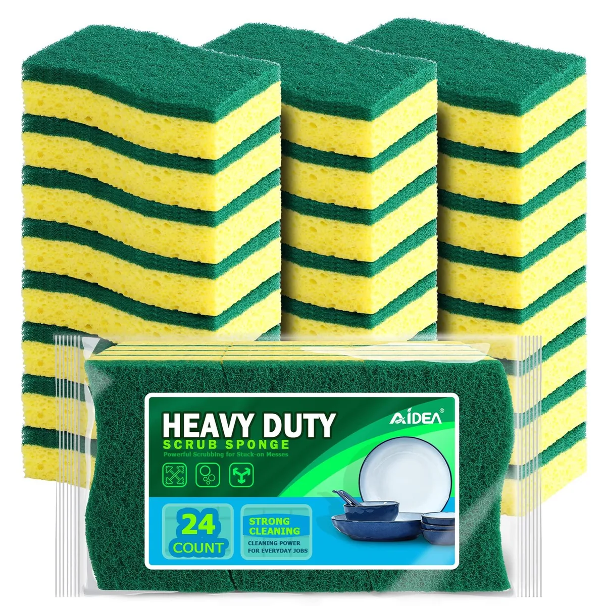 Pack of 24 yellow and green rectangular scrub sponges with ergonomic S shape