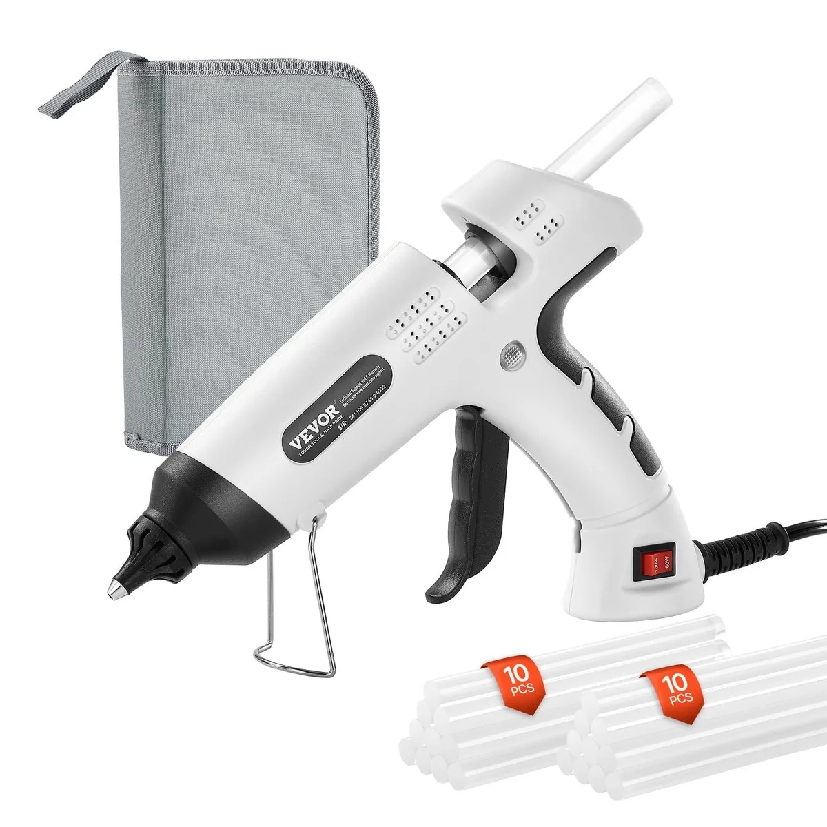 White corded hot glue gun with 20 sticks in cloth bag