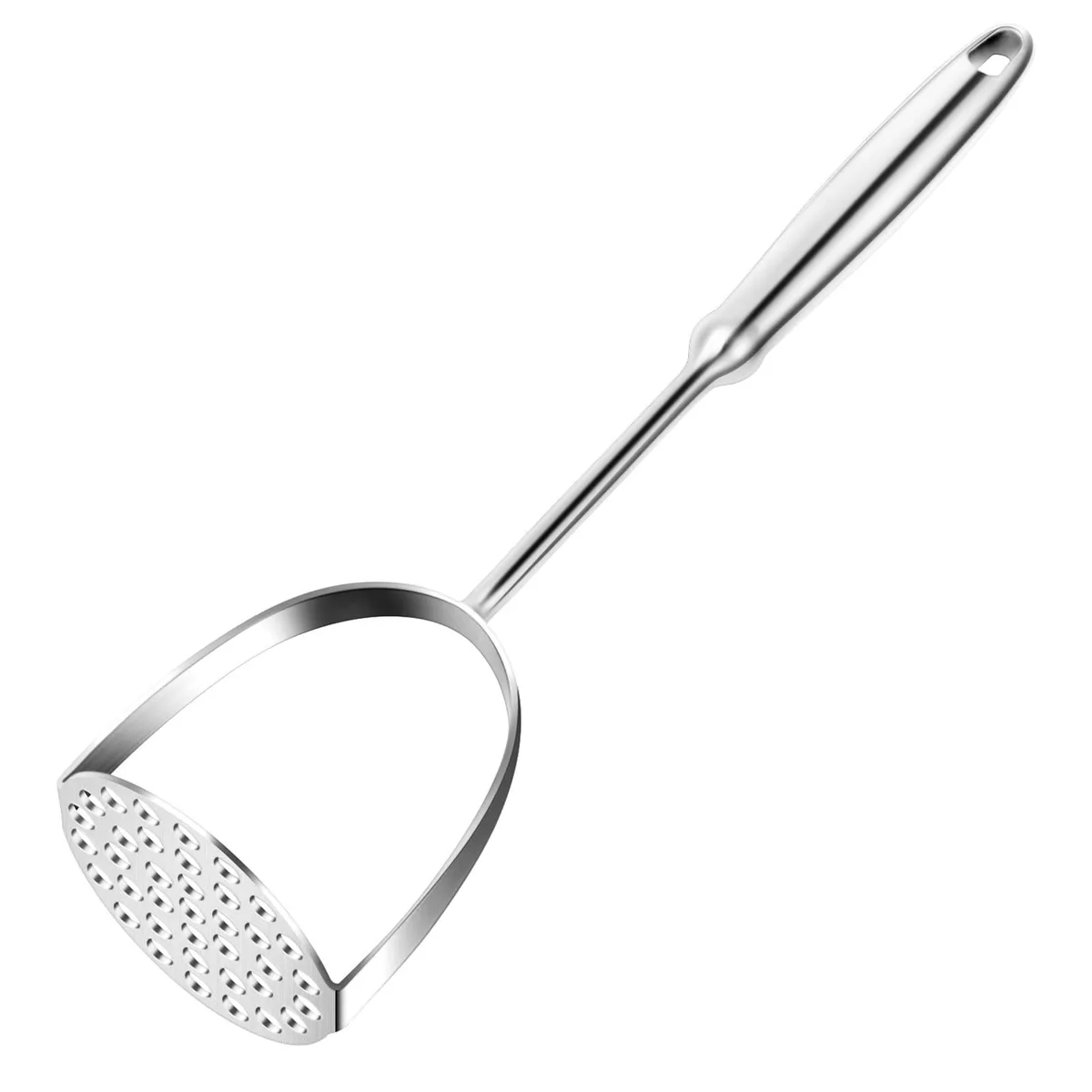 Stainless steel potato masher with long handle and perforated round head