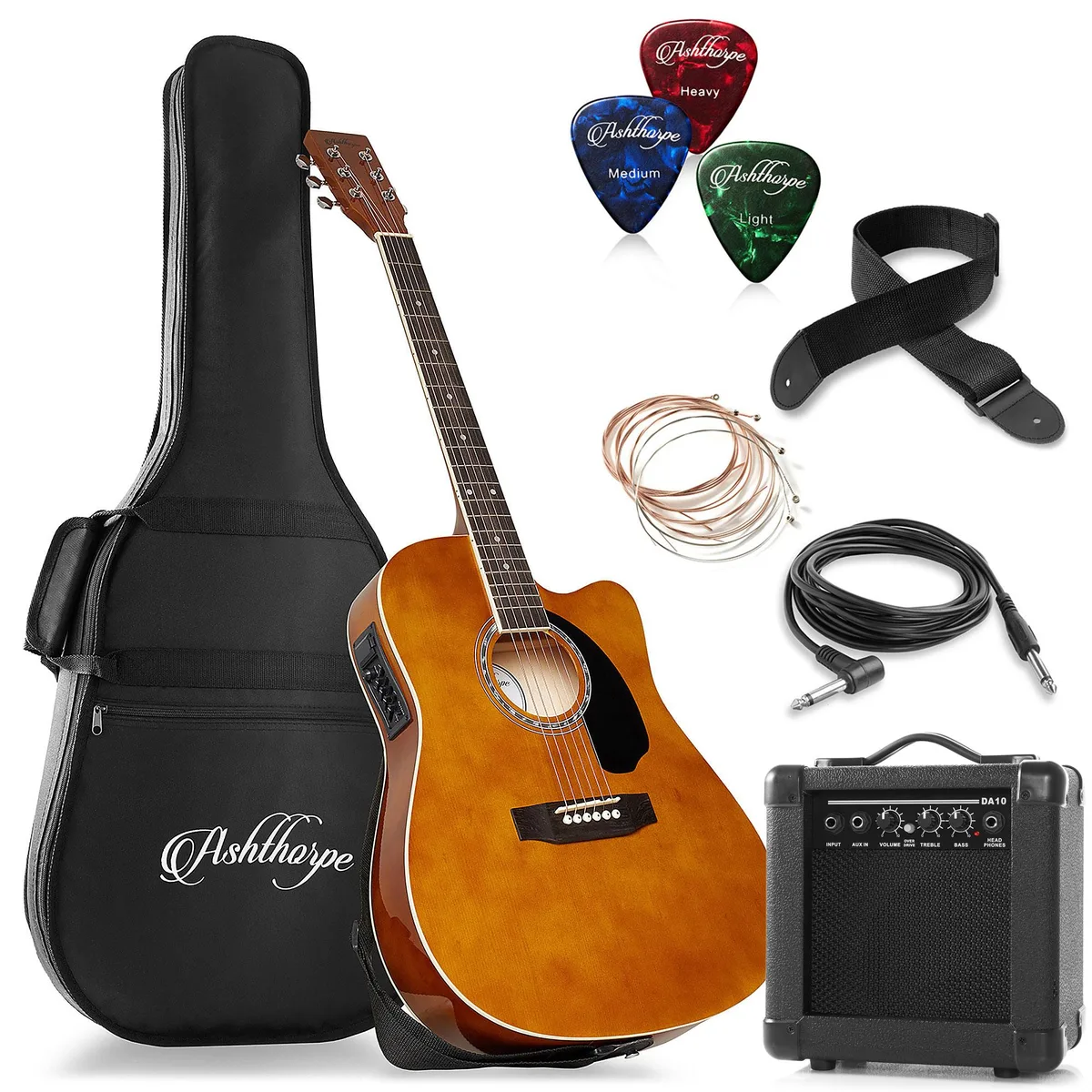 Ashthorpe Ashthorpe 41" Thinline Cutaway Acoustic-Electric Guitar Package with 10W Amp - Brown — product photo