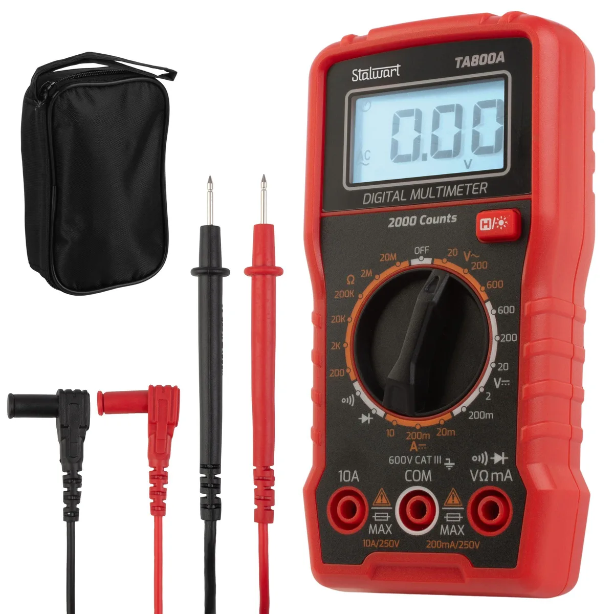 Compact digital multimeter in black plastic housing with backlit LCD screen and red black probe leads coiled in carrying case