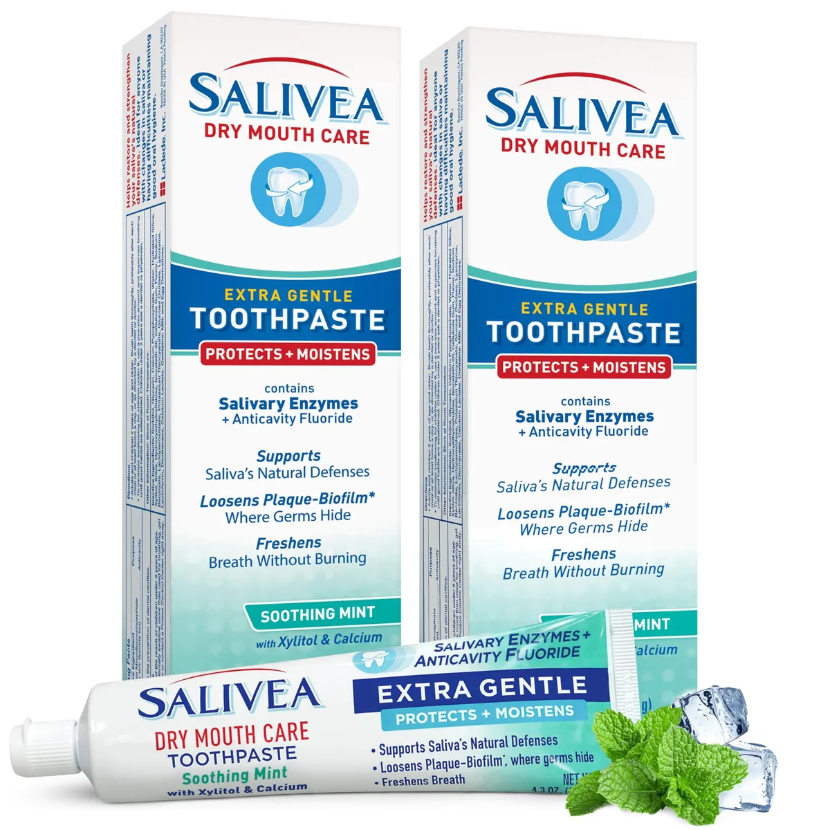 Two white 4.3 oz toothpaste tubes in a pack
