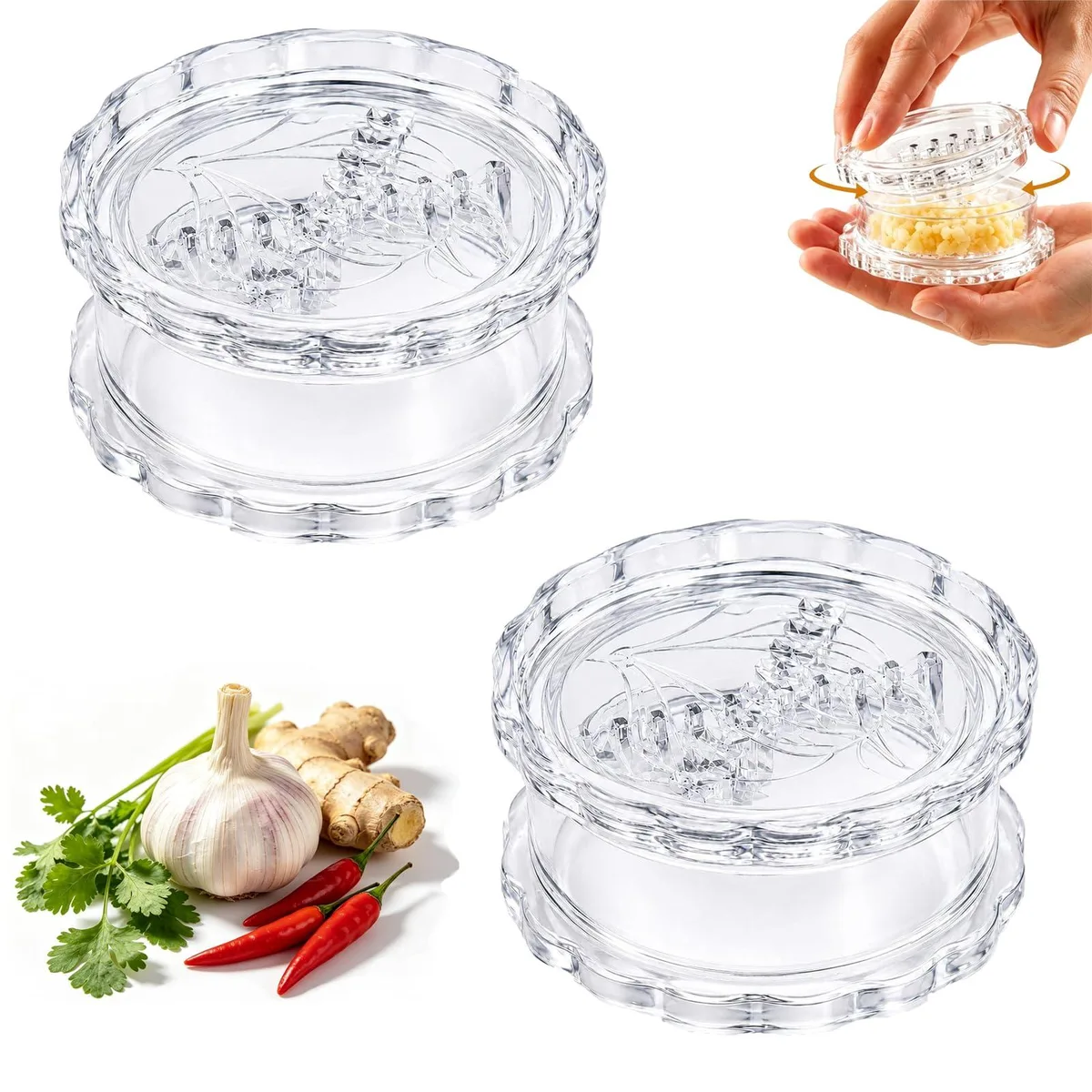 Two translucent polypropylene manual garlic twisters, cylindrical with interlocking teeth inside