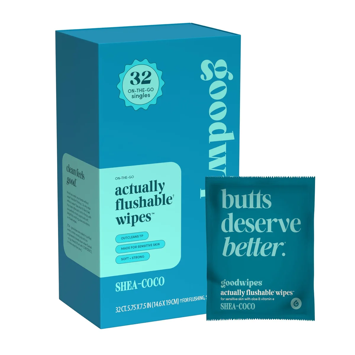 Individually wrapped flushable wipes, Shea Coco scent, 32 count pack