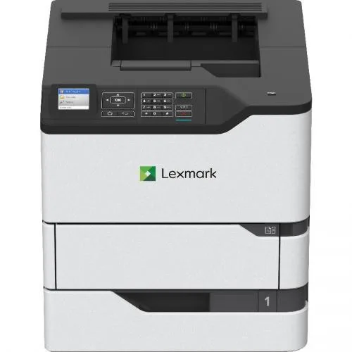 Rectangular office laser printer in matte grey with a 4.3 inch colour touchscreen and front USB port