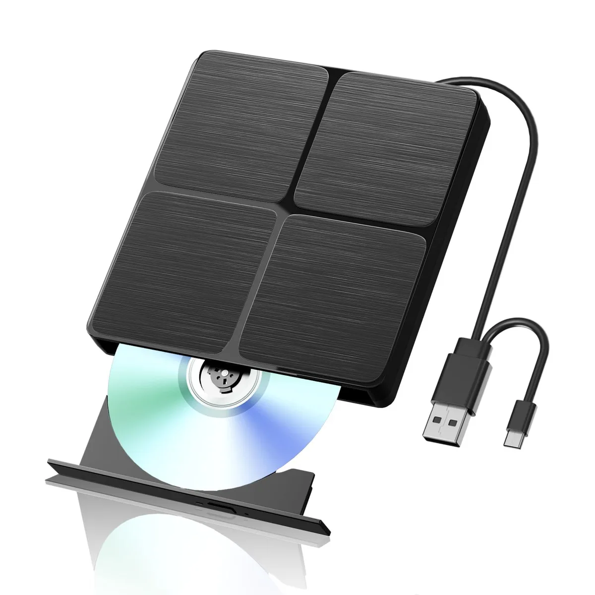Slim silver external Blu-ray drive with USB 3.0 and Type-C cables attached