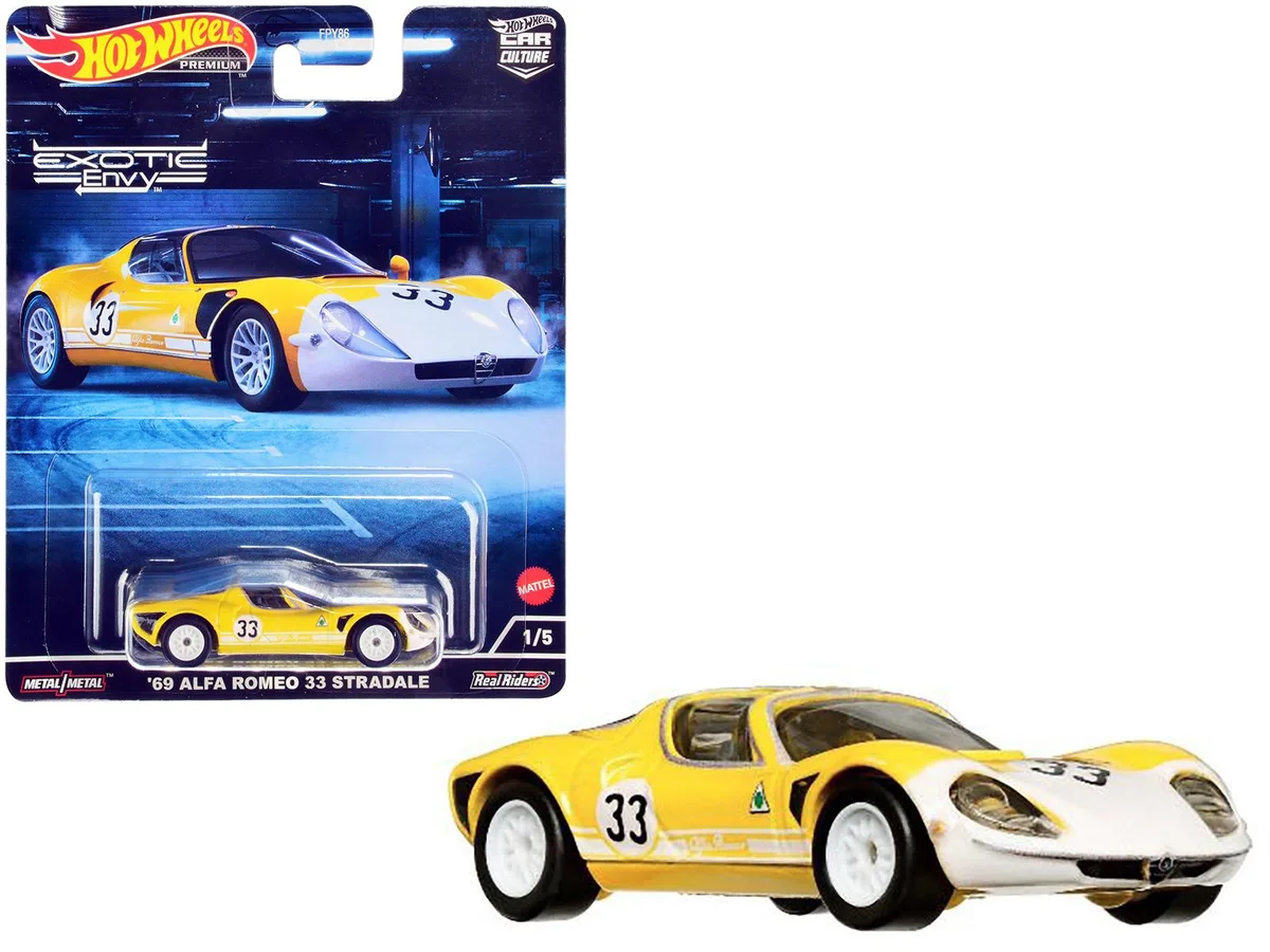 Hot Wheels Hot Wheels 1969 Alfa Romeo 33 Stradale #33 Yellow White Exotic Envy Diecast Hobby Collectible — product photo