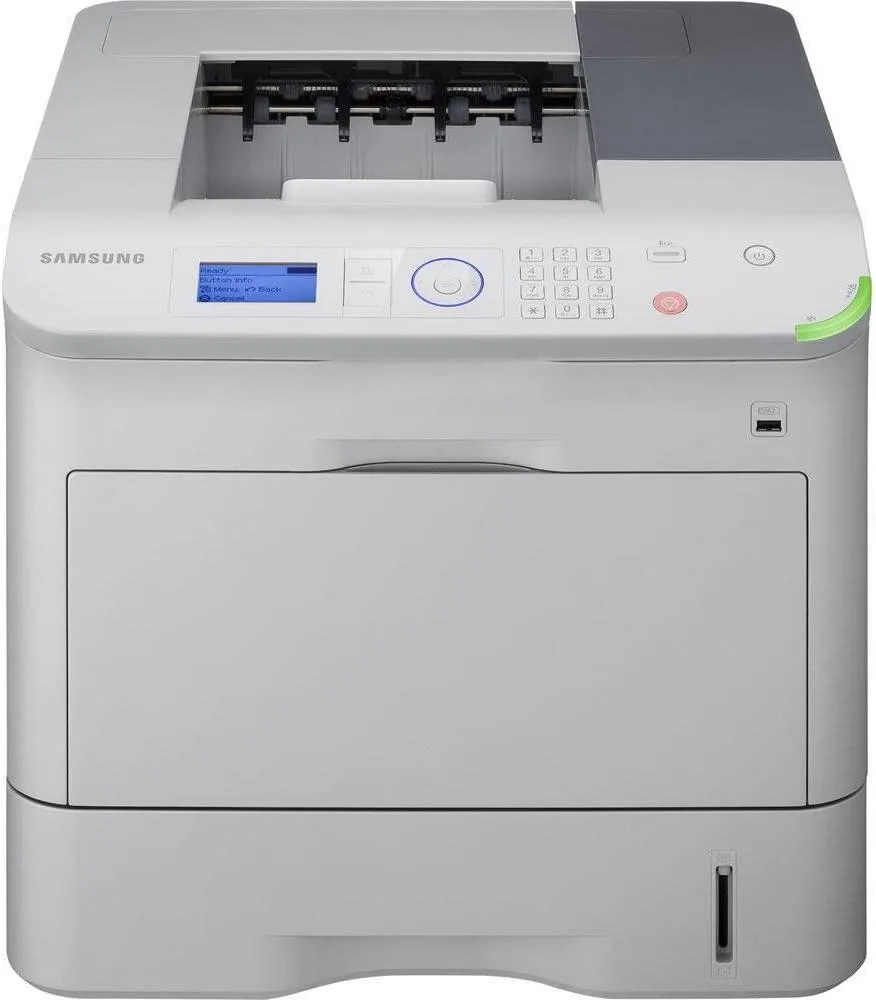 White boxy laser printer with front paper tray and control panel