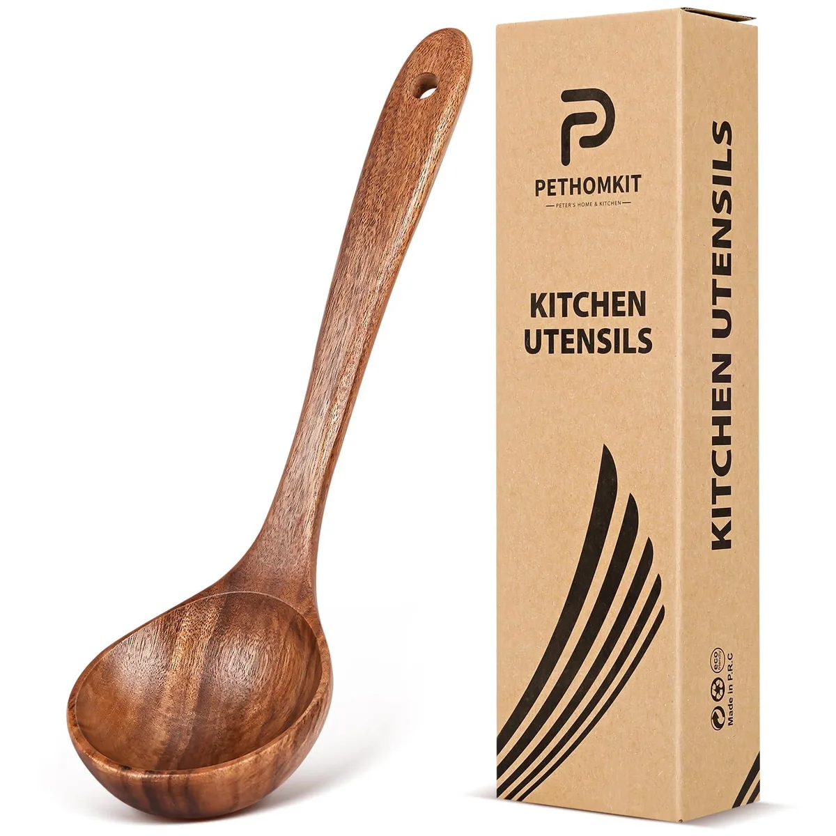 Teak wood ladle spoon, brown finish, 10.6 inches long
