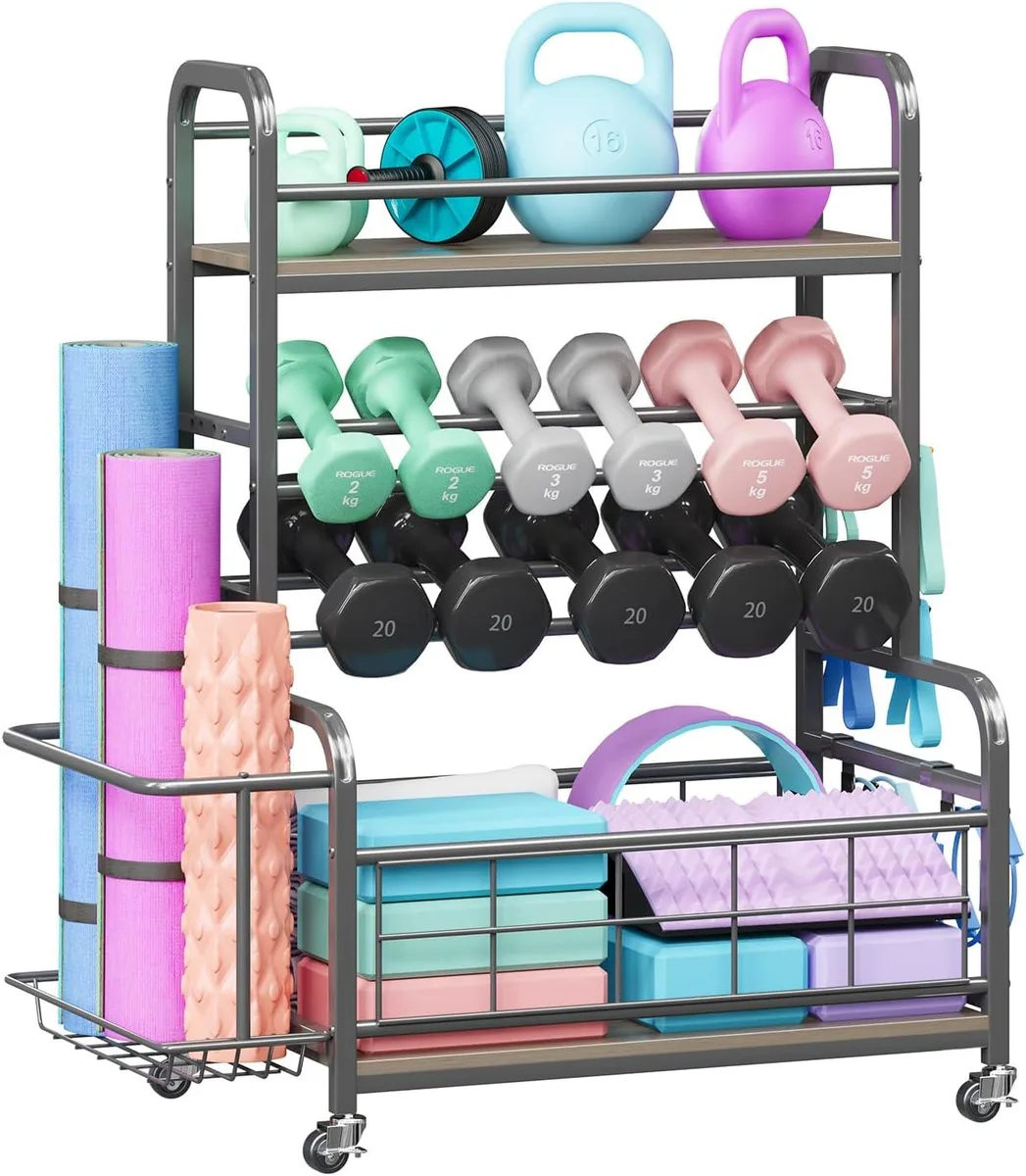 Two-tier wooden dumbbell rack on wheels with side basket and hooks