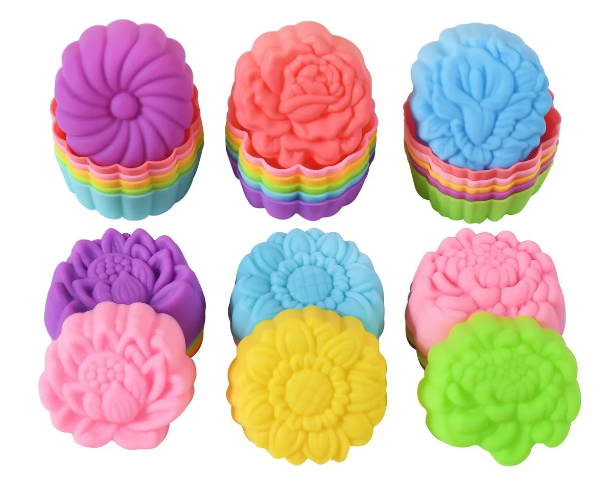 Thirty-six multicolour flower-shaped silicone baking cups, mini size