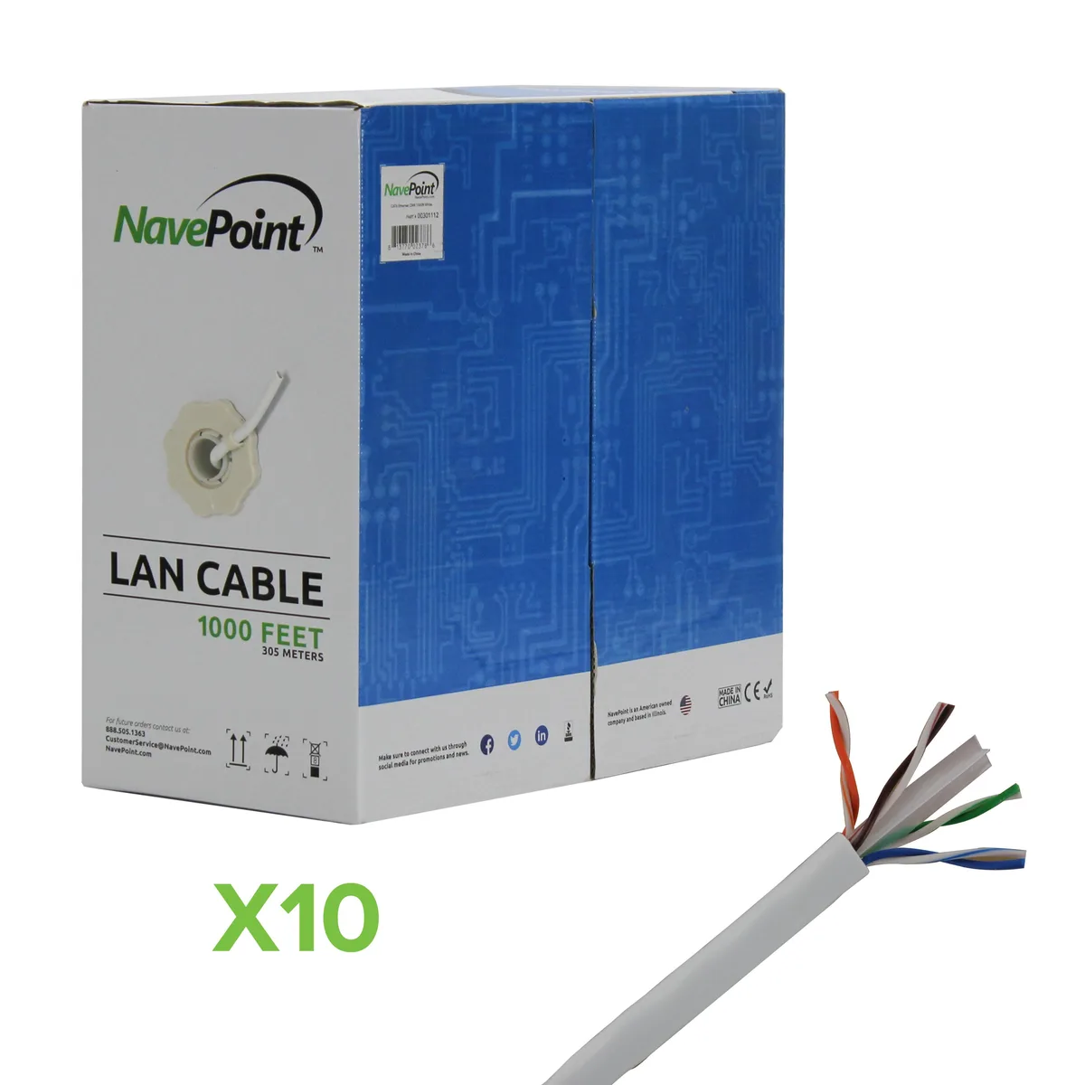 NavePoint NavePoint CAT6 CMR UTP Bulk Ethernet Cable 23AWG 550MHz 1000FT White 10-pack — product photo