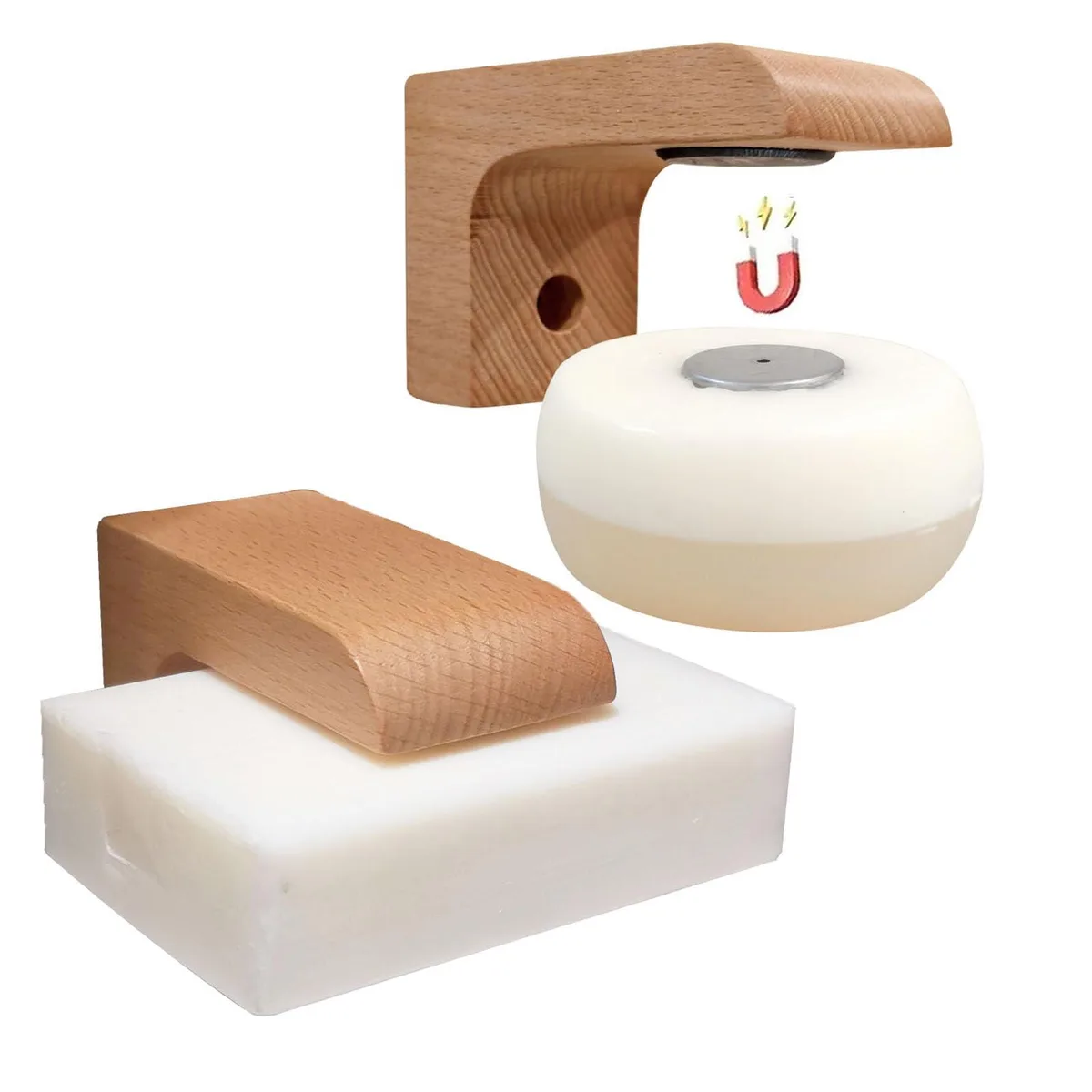Two wooden magnetic soap holders with adhesive backing, shown mounted on a shower wall with bar soaps floating on each