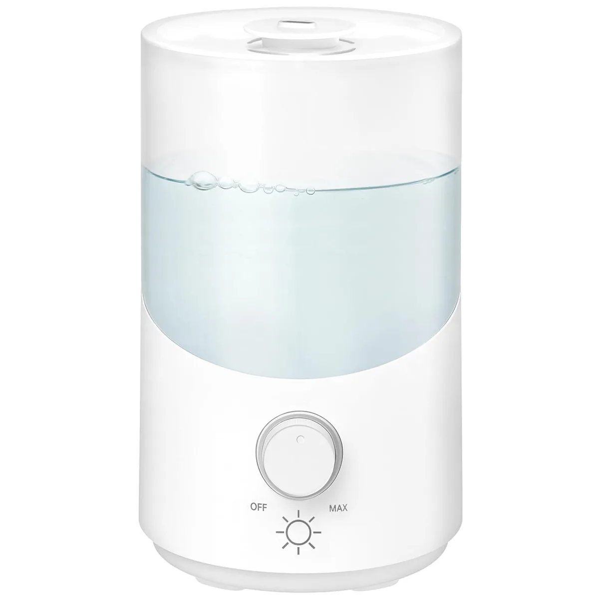 White cylindrical humidifier with top-fill lid and front control knob