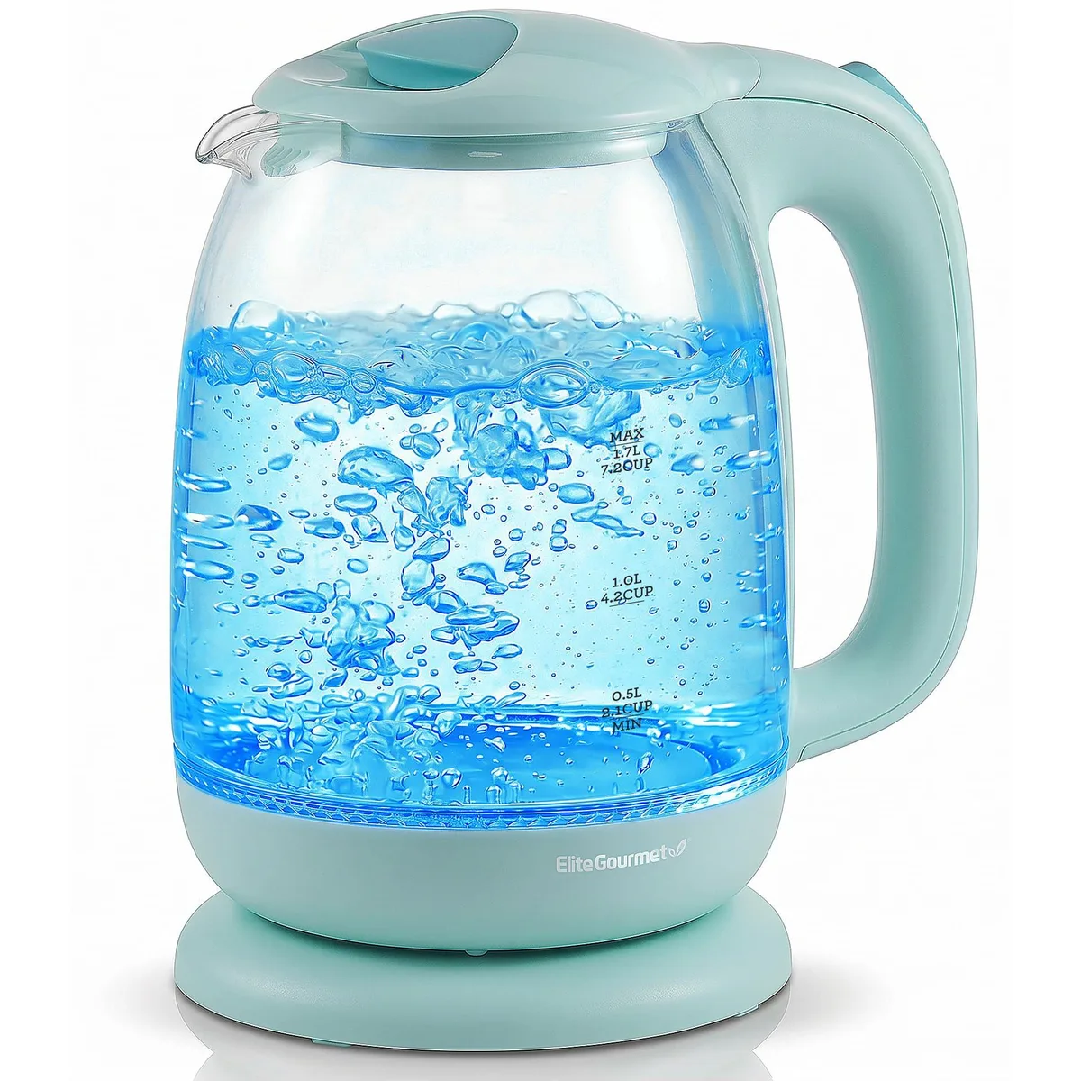  Elite Gourmet 1.7L Glass Thermo Pot, Mint, 1500W, Blue LED — product photo