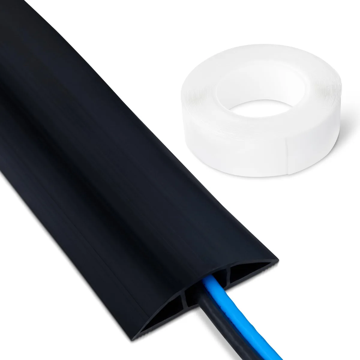 Black PVC floor cord cover, 6ft long, 2.6in diameter, self-adhesive, rounded profile