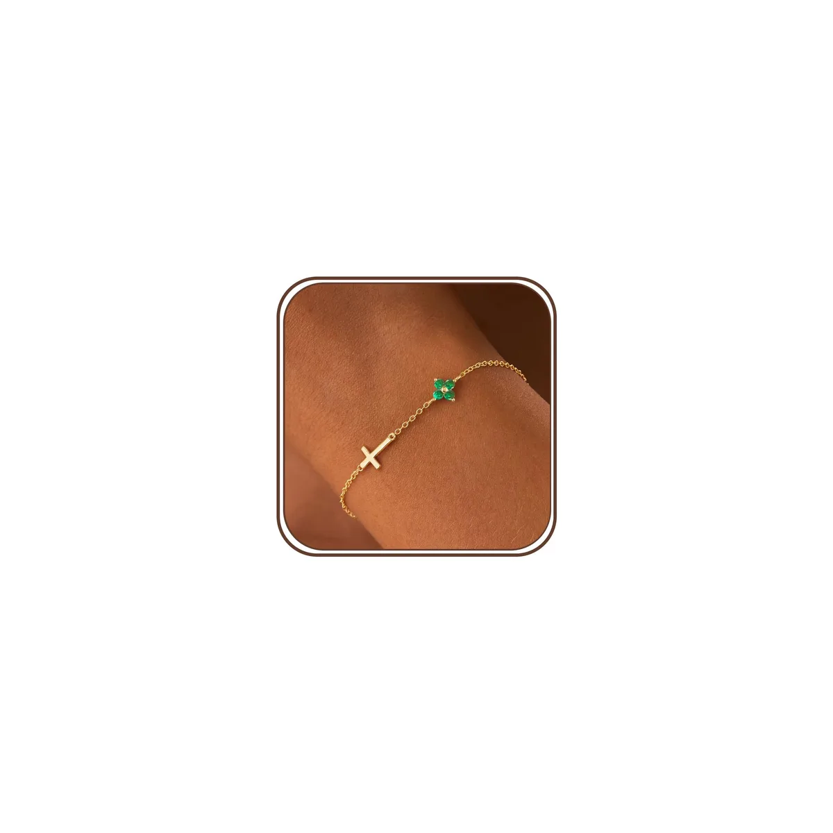  FROLOVER May Emerald Clover Cross Bracelet 14K Gold Plated 17 cm 6.7 inches 1.6 inch extender — product photo