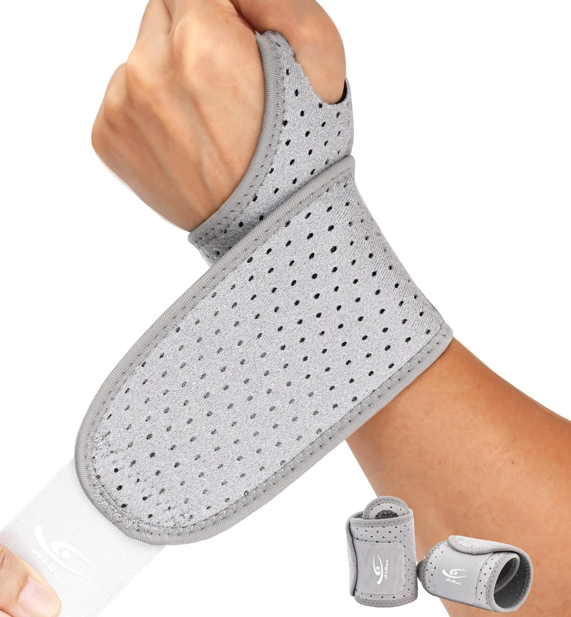 Two gray adjustable wrist braces with hook-and-loop straps on a light background