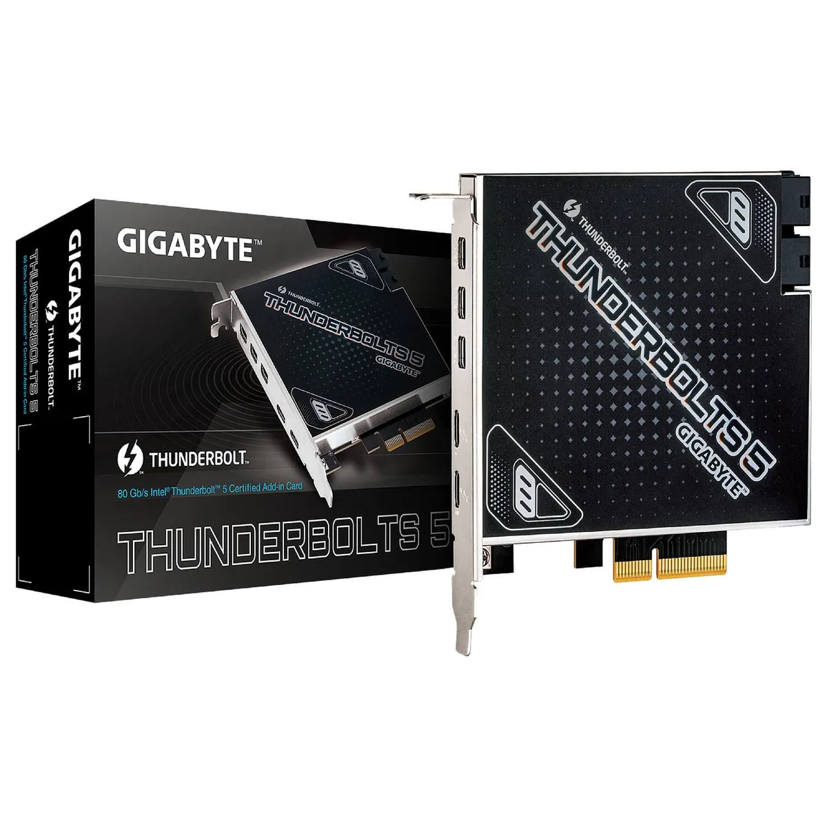 Black PCIe add-in card with two USB-C Thunderbolt 5 ports