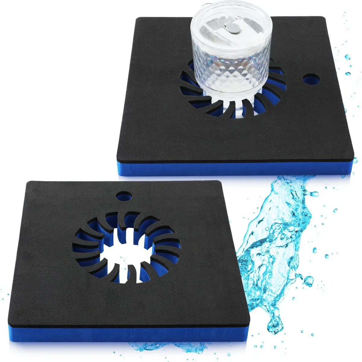 Two blue and black foam floating drink holders, 9.5 inch diameter