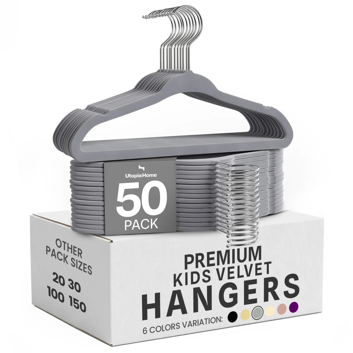 Fifty grey velvet-coated plastic hangers in a pack, each 11 inches wide with swivel hooks