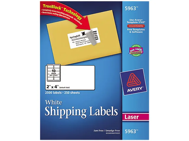 Box of 2500 white rectangular shipping labels model 5963