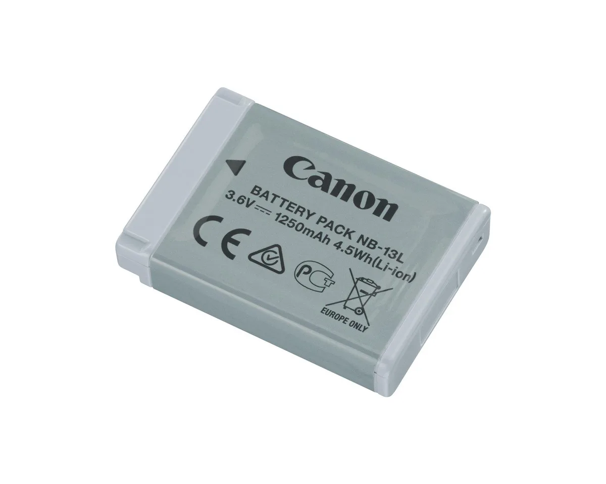 Canon NB-13L lithium-ion battery pack, rectangular grey block with gold contacts