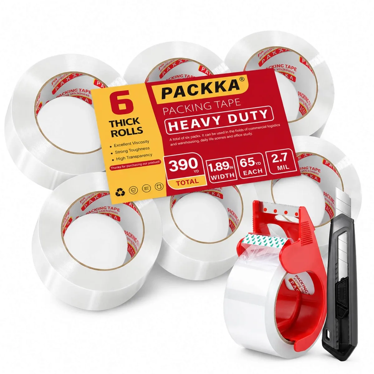 Six clear tape rolls with a handheld dispenser and utility knife