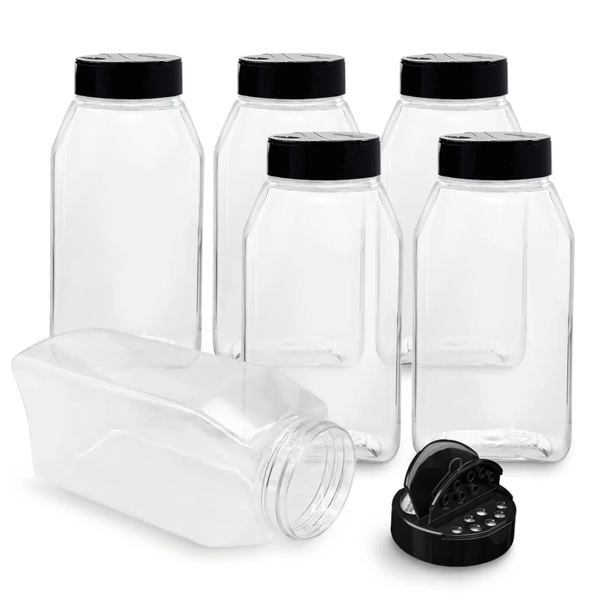 Six clear 32 oz plastic jars with red flip-top lids