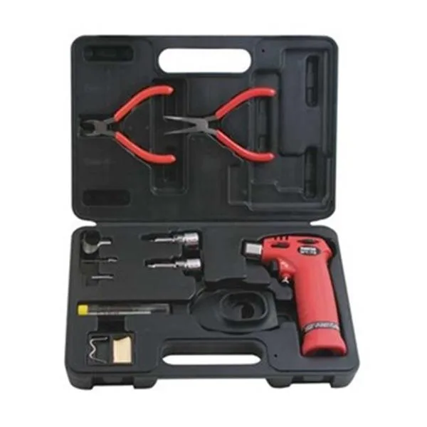 Blue butane torch kit in plastic case with stand and accessories