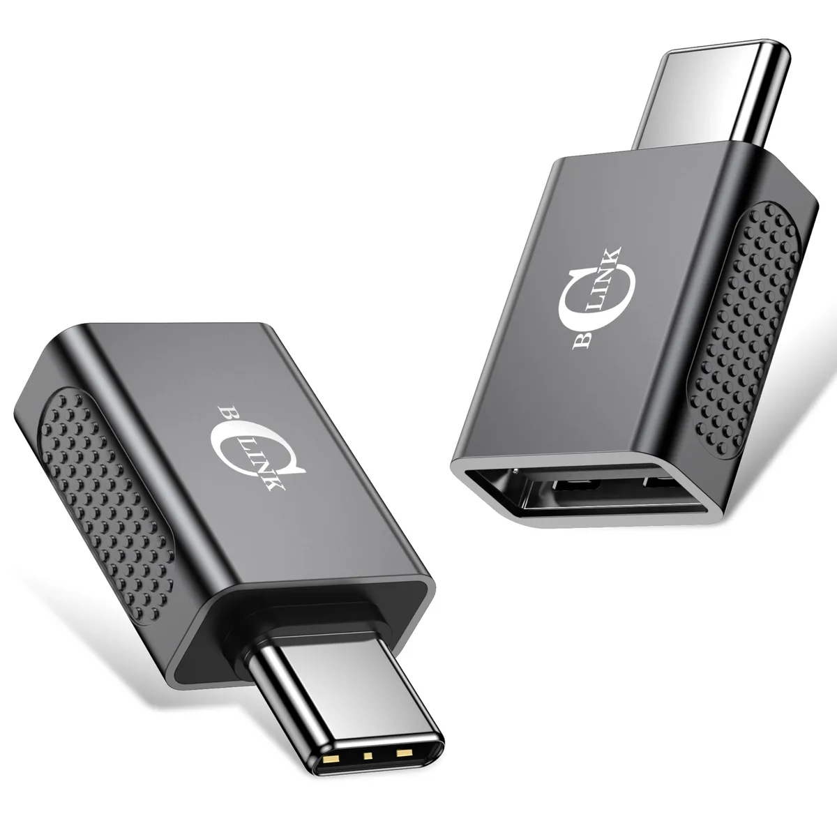 Small space-grey metal USB-C to USB-A converter with embossed finish