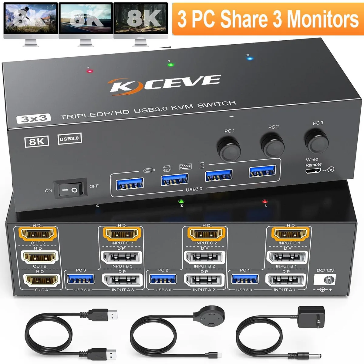 WRIARICH WRIARICH KVM303 KVM Switch 3 Computers 3 Monitors 8K@60Hz/4K@144Hz HDMI DP USB 3.0 — product photo