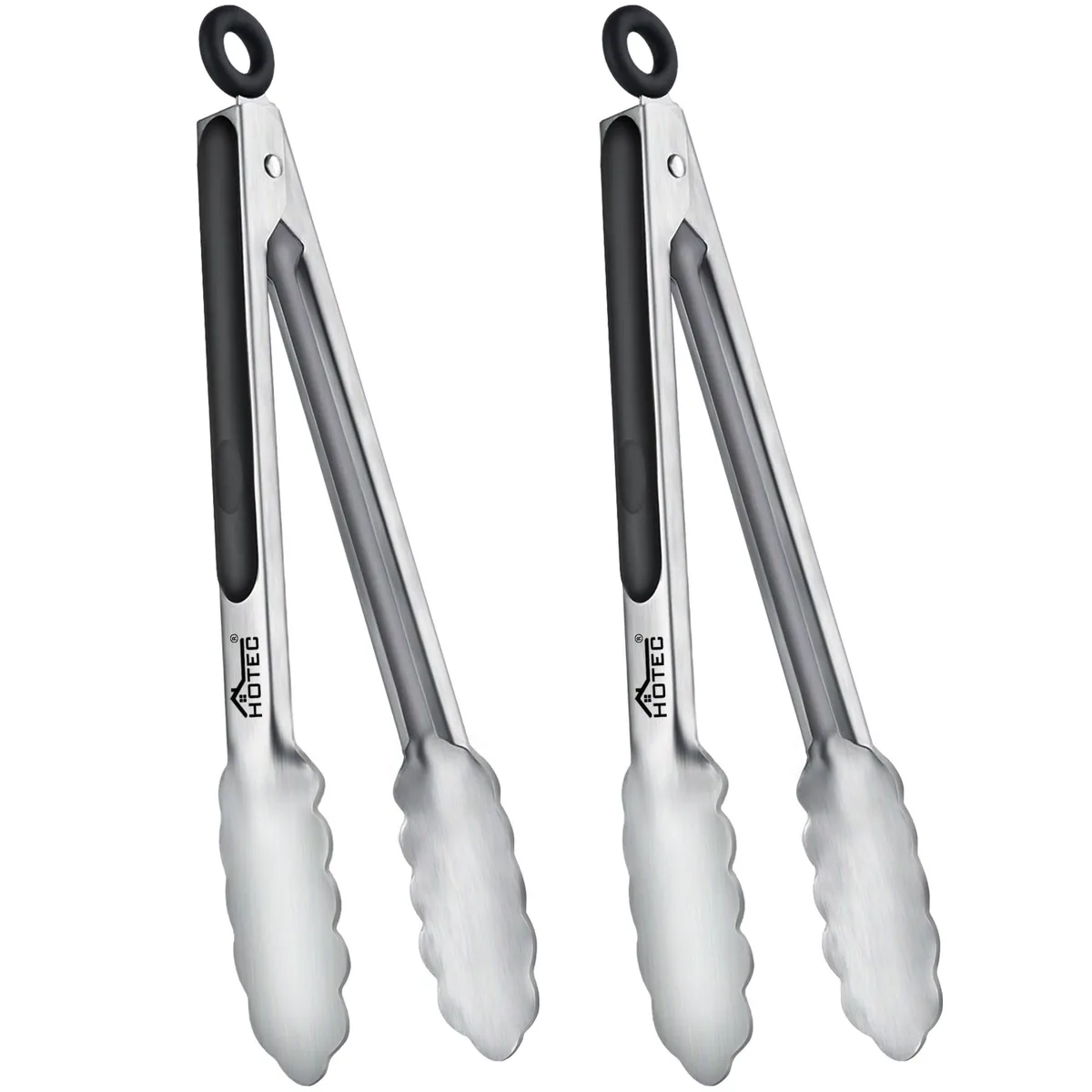 Two stainless steel kitchen tongs with silicone-grip handles and locking rings
