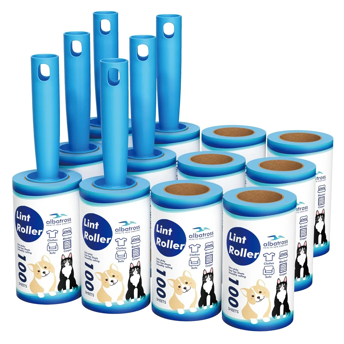 Six white lint rollers with tear-off adhesive sheets and plastic handles