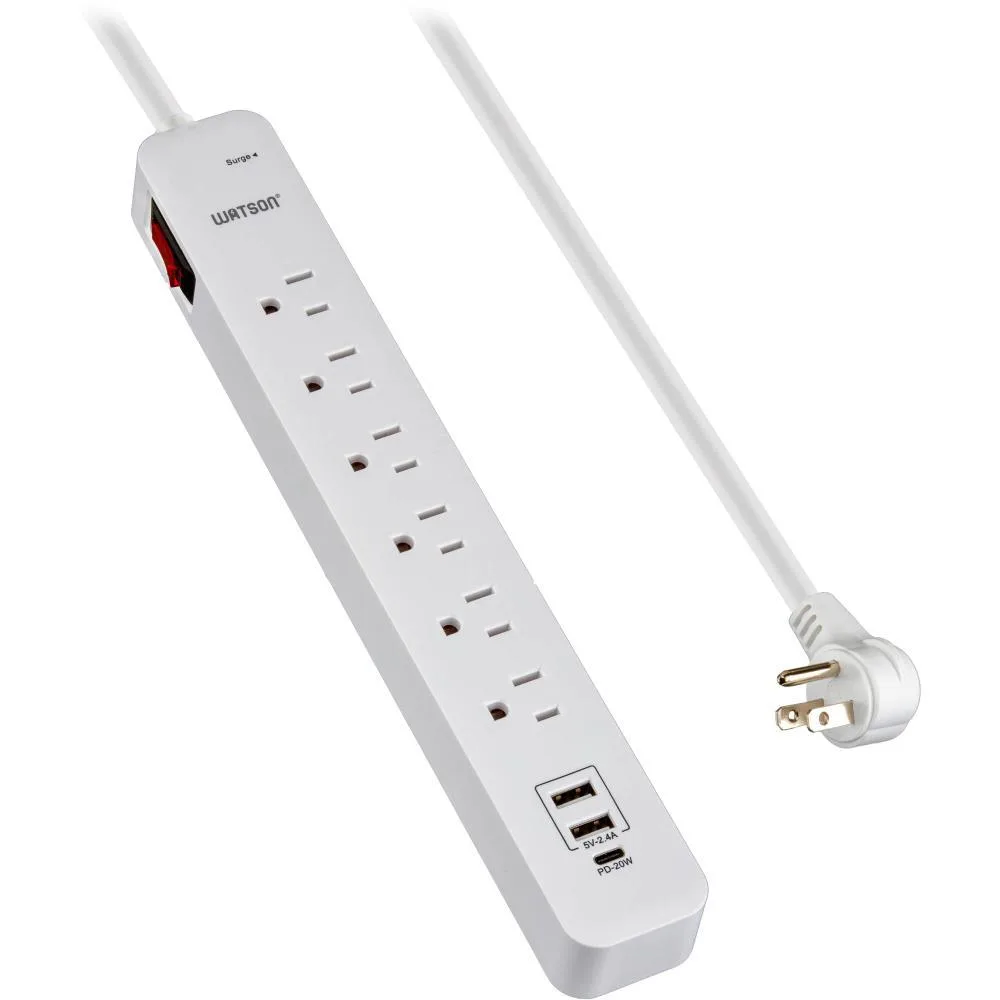 Watson Watson 6-Outlet Surge Protector with USB-C 20W &amp; 2×USB-A 2.4A 450 Joules White — product photo