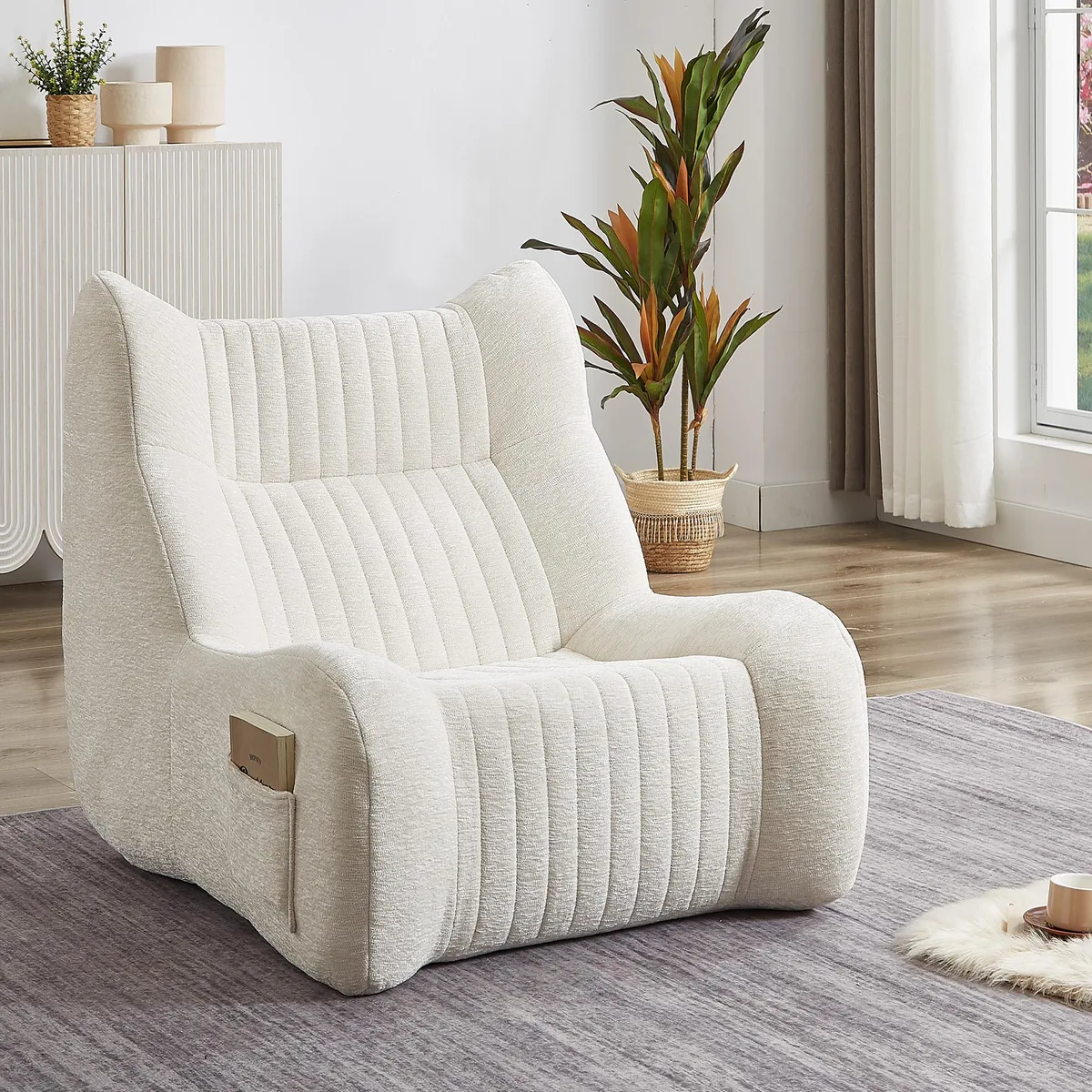 White chenille bean bag chair with armrests, floor sofa form, compression packed
