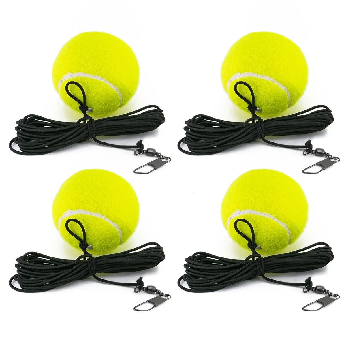 Four yellow tennis balls each attached to an elastic string