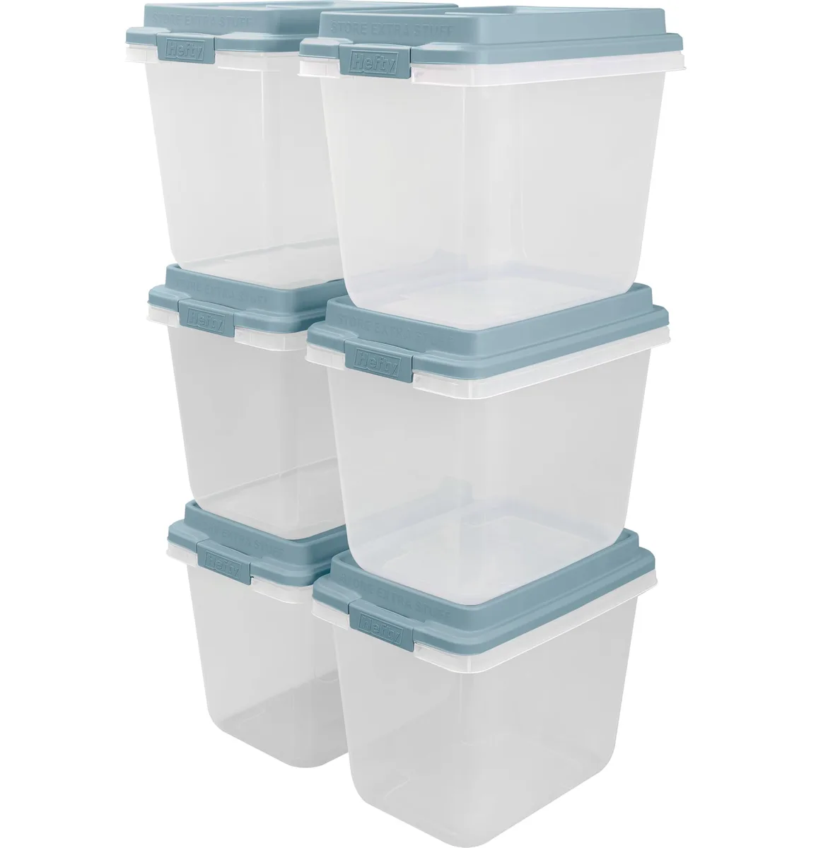 Six clear plastic storage bins with black lids and handles, stackable design, 32 quart capacity each
