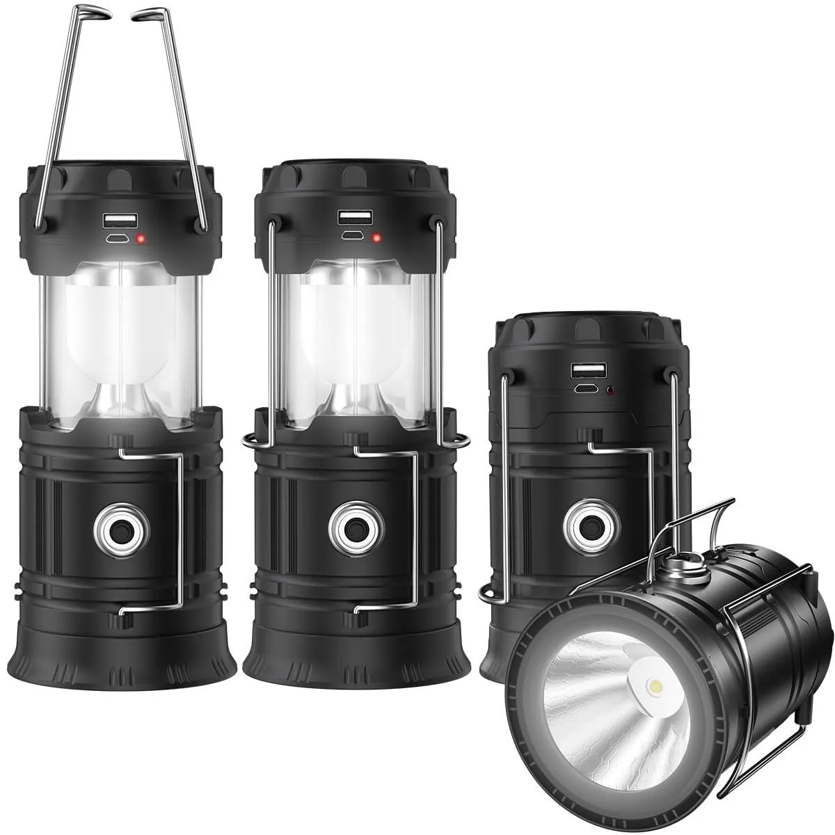 Two black collapsible LED lanterns with solar panels and USB ports