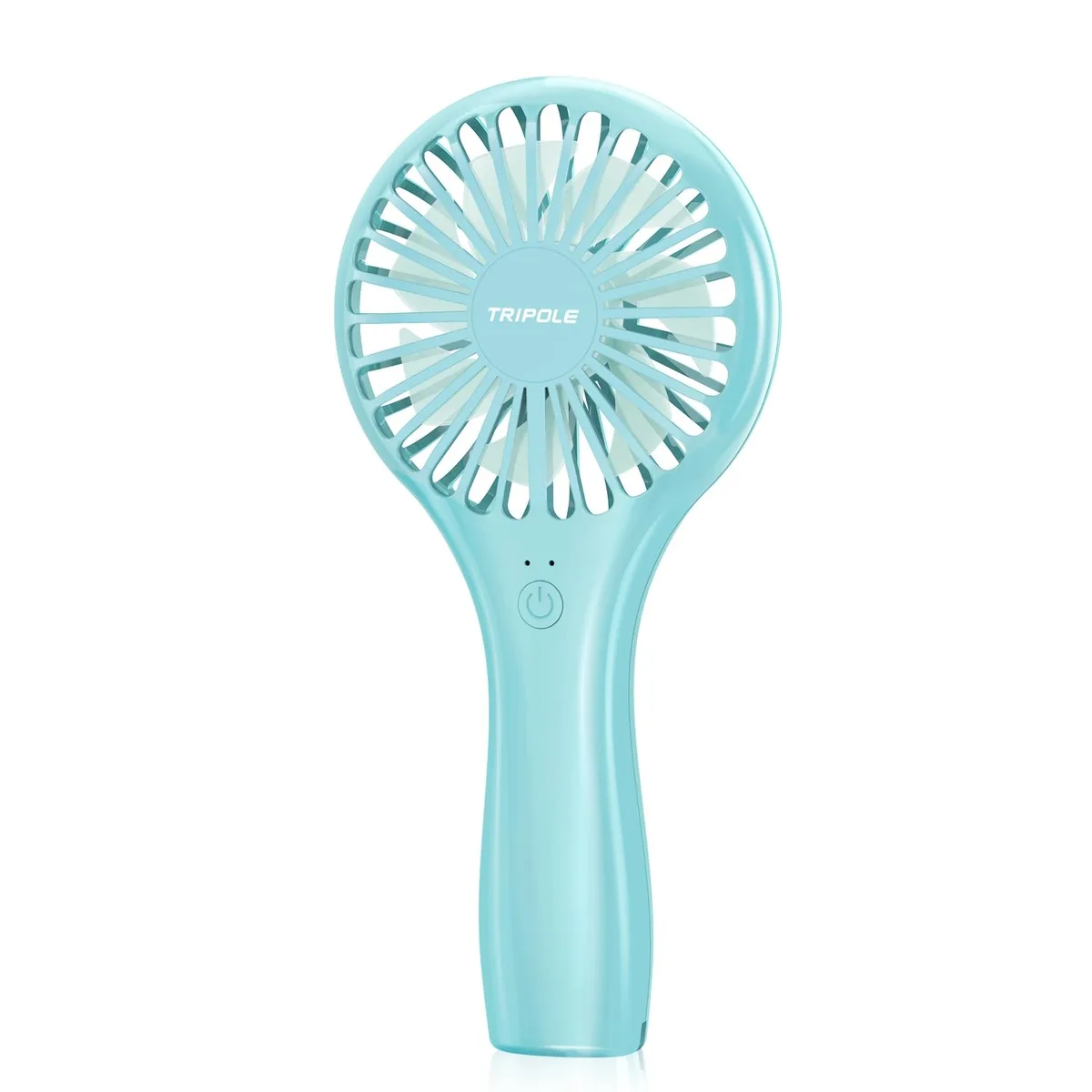 Small lollipop-shaped handheld fan with smooth finish and anti-slip handle, 6.7 inches tall, USB rechargeable