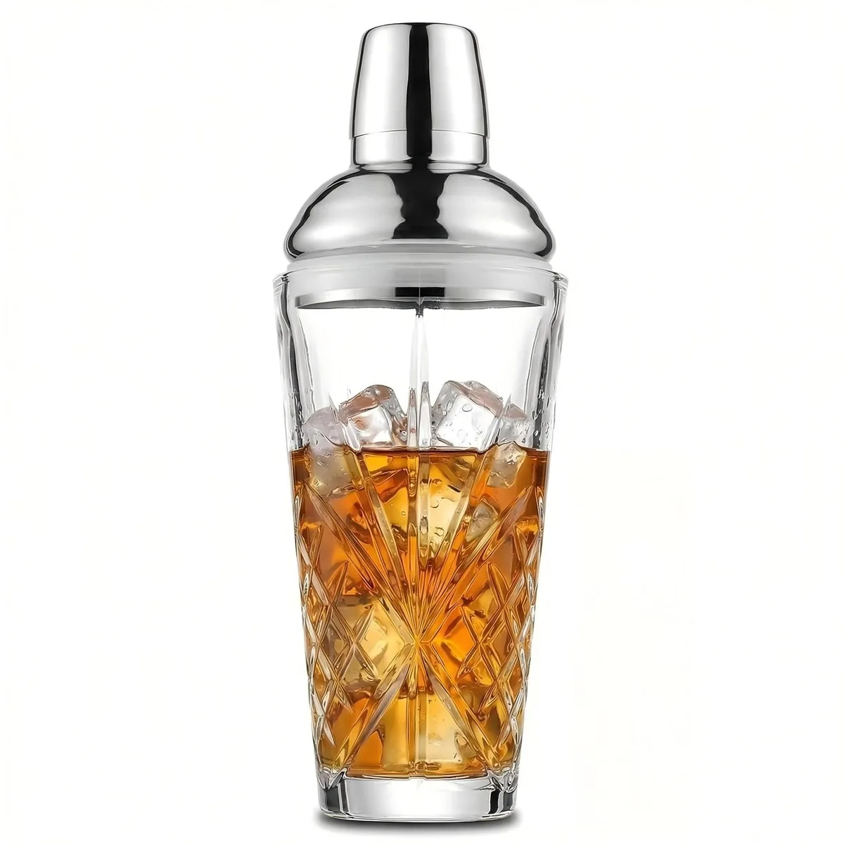 Clear crystal cocktail shaker with polished vintage cut pattern and stainless steel measured lid