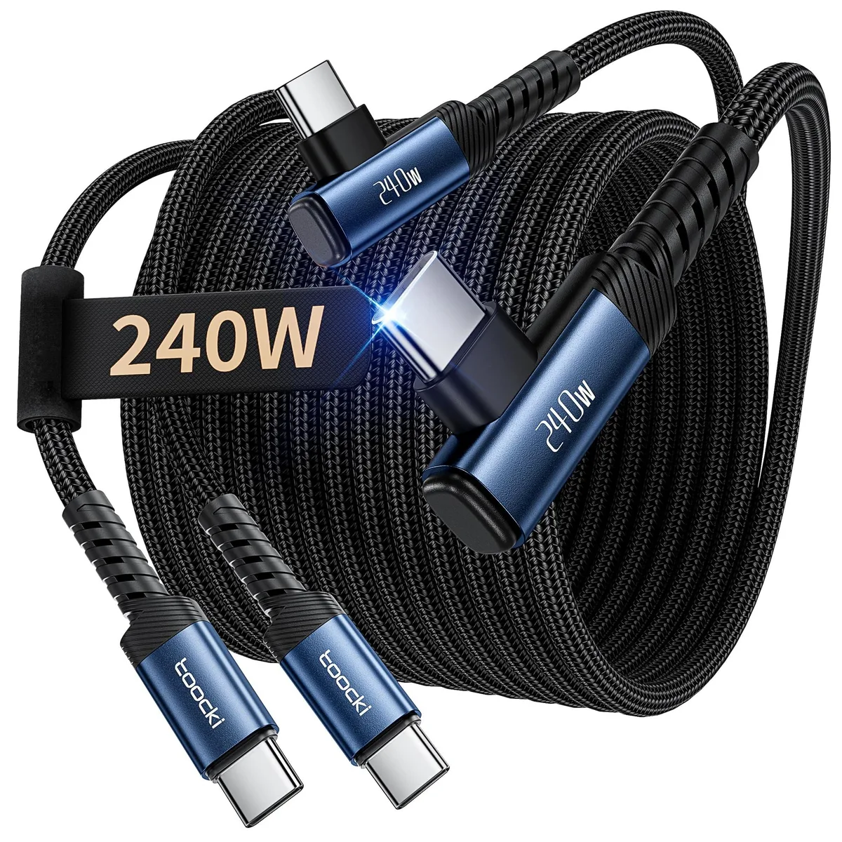 Two blue nylon-braided USB-C cables with right-angle connectors, 10ft each
