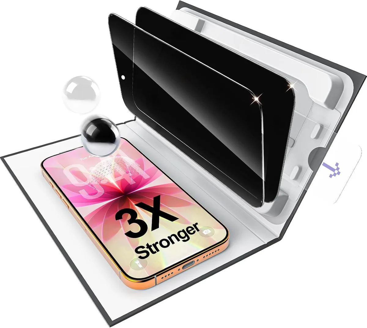 Two rectangular tempered glass screen protectors with privacy filter in a box