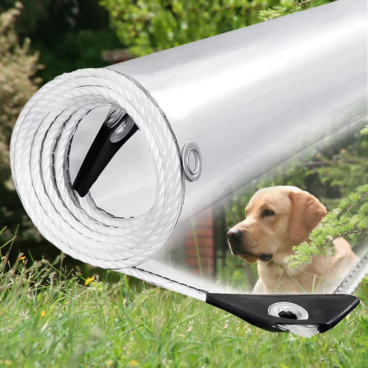 Transparent rectangular vinyl tarp with metal grommets along the edges