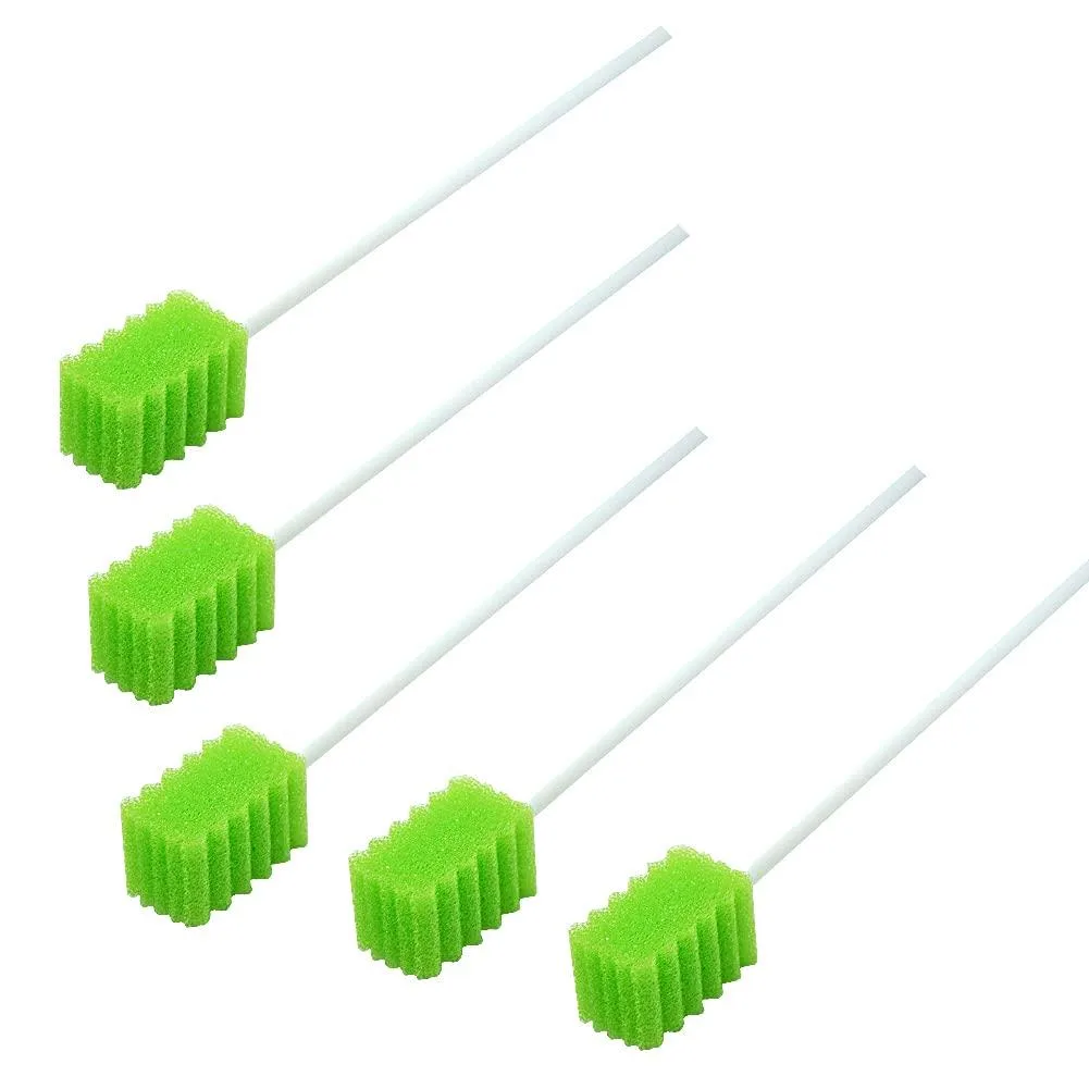 White box of 100 individually wrapped oral swabs with green tooth-shaped foam tips